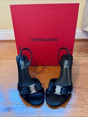 Salvatore Ferragamo Black Bow Slingback Heels with Silver Logo